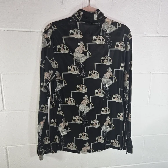 Vtg 70s Art Deco Woman Black Nylon Long Sleeve Shirt - Picture 6 of 8